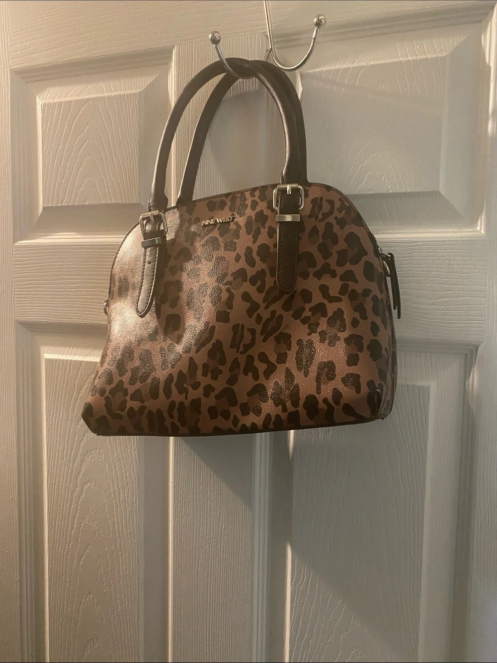 Nine West Brown Leopard Print Dome Satchel with Dark Brown Handles